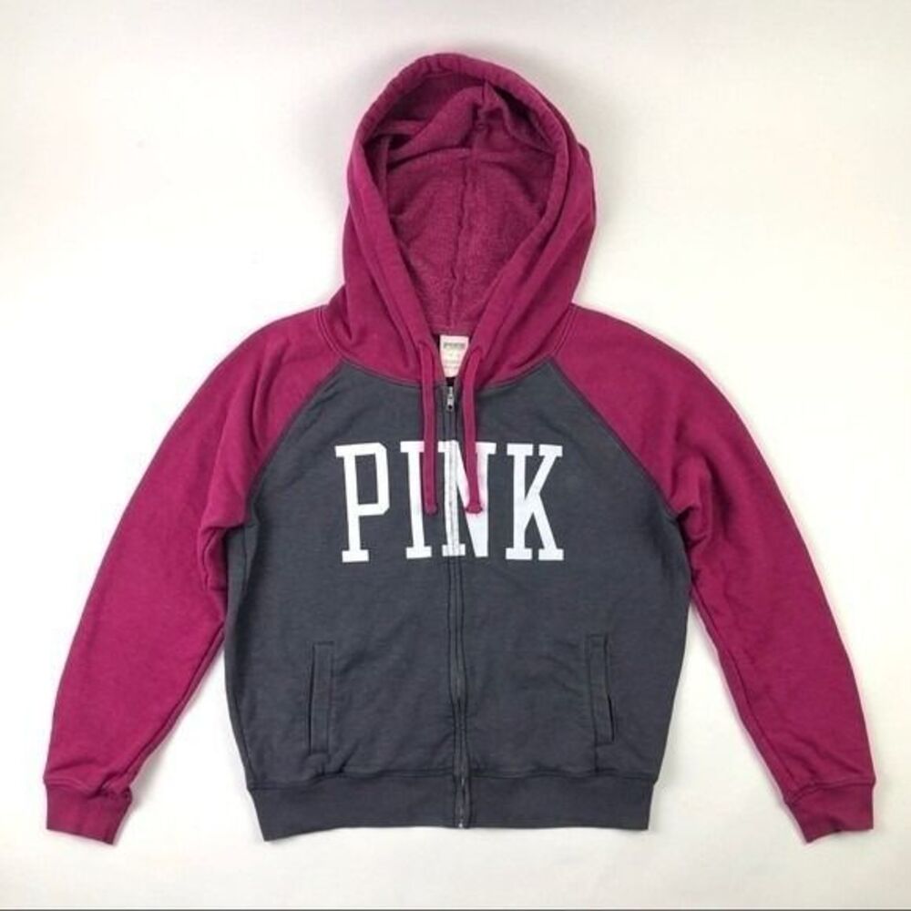 PINK Victoria's Secret Full Zip Hoodie Grey Pink Sweatshirt women's Large